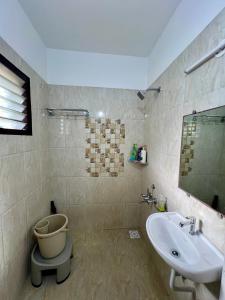 a bathroom with a sink and a toilet and a mirror at Nisarg Homestay with Kitchen Dinning in Bhuj