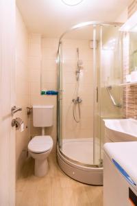 a bathroom with a shower and a toilet and a sink at Studio apartman Relota in Kaštela