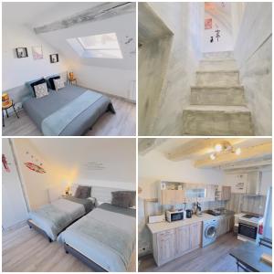 four pictures of a bedroom with a bed and stairs at TOP HOST Les Perles des châteaux in Mer