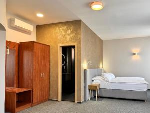 a bedroom with a bed and a sliding door to a bathroom at Hotel U Vlašského Dvora in Kutná Hora