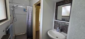 a bathroom with a sink and a mirror and a shower at Cagou's Bach in Kuratau +33 photos