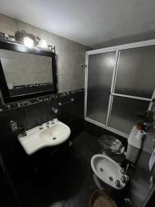 a bathroom with a sink and a shower and a toilet at Peatonal Santafesina in Santa Fe