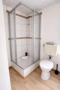 a bathroom with a toilet and a glass shower at Die ANS Group Cozy Apps in Detmold
