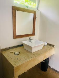 a bathroom with a sink and a mirror on a counter at Villa BOUDDHA- Raiatea in Uturoa