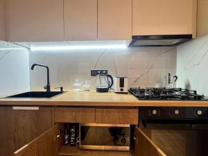 a kitchen counter with a sink and a stove at Fatmanis 98 in Tbilisi City