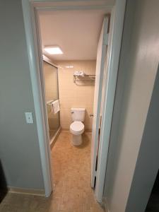 a bathroom with a toilet and a walk in shower at Deluxe Inn in Mauldin