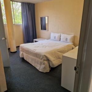 a hotel room with a bed and a window at Hotel polly in Mexico City