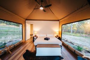 a bedroom with a bed and two large windows at Wallaroo Outback Retreat - Glamping Tents Carnarvon Gorge in Hutton