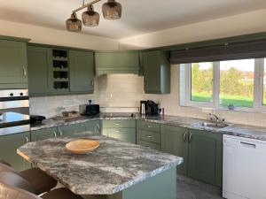 a kitchen with green cabinets and a bowl on a counter at Dannys Haven in Ballagh Cross Roads