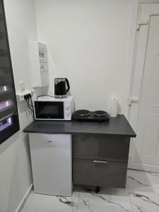 a kitchen with a microwave and a toaster oven on a counter at Cozy renovated studio Comfort practicality in Bourgoin