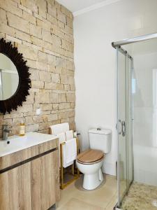 a bathroom with a toilet and a glass shower at Largo de Santa Ana in Cadaval +23 photos