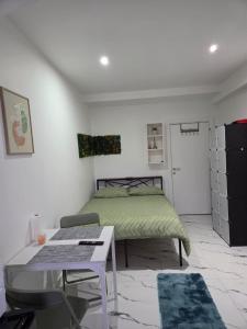 a bedroom with a bed and a table and a desk at Studio modern climatise in Bourgoin