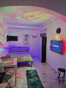 a bedroom with a bed and a tv on a wall at Studio modern climatise in Bourgoin +8 photos