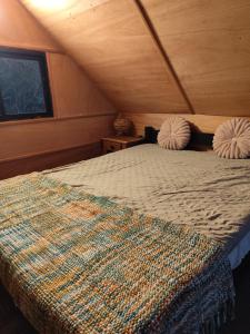 a bedroom with a bed in a small room at Cabañita para 2 in Villa Serrana