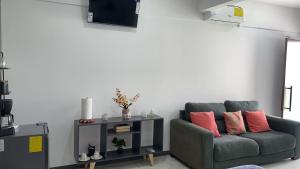a living room with a green couch with pink pillows at MarDani Guesthouse & Car Rental - FREE SJO Airport Shuttle in Alajuela +15 photos