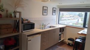 a kitchen with a microwave and a sink and a window at Remarkable studio,close to airport in Queenstown