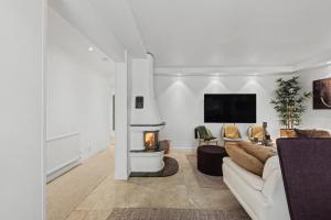 a living room with a couch and a fireplace at Hambo Stay in Staffanstorp