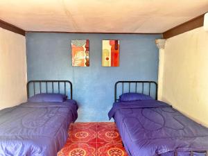 two beds in a room with blue walls at Bokeo Social and Eatery in Ban Fay