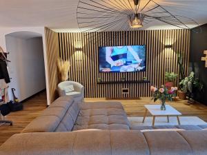 a living room with a couch and a tv at Mas des Palmiers in Grignan