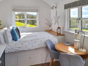 a bedroom with a bed with a desk and a table at Pip's Hut in Bideford