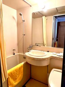 ein Badezimmer mit Waschbecken, Toilette und Spiegel in der Unterkunft Hotel Kodama in Yamanouchi