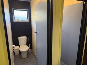 a bathroom with a white toilet and a window at Freestone off-grid cabin in Manapouri