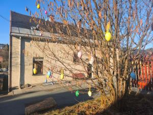 a tree with easter eggs hanging from a building at Diana Apartments in Klingenthal