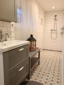 a bathroom with a sink and a shower at Chata Borecké skály in Ktová