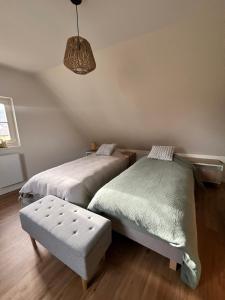 a bedroom with two beds and a light fixture at La cour du vigneron in Turckheim