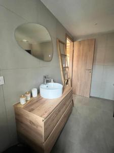 a bathroom with a sink and a mirror at La cour du vigneron in Turckheim +54 photos