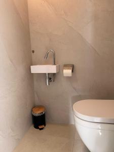 ein Badezimmer mit weißer Toilette und Waschbecken in der Unterkunft Strand 12 in Scharendijke