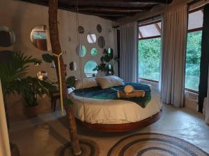 a bedroom with a large bed in a room with windows at Casa caracol Macario in Macario Gomez