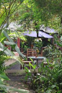 a picnic table with an umbrella in a garden at Hostel, Café & Garden Travelers in Santiago +108 photos