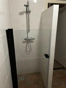 a shower with a hose in a bathroom at Gezinsvriendelijk natuurhuis De Kraanvogel in Appelscha +31 photos