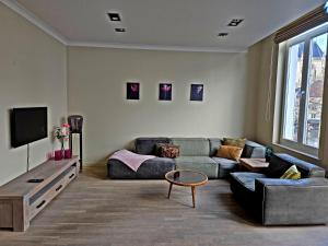 a living room with a couch and a tv at GuestHouse Groenplaats in Antwerp