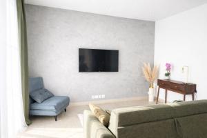 a living room with a couch and a chair and a tv at Apparemment cosy avec balcon plein centre de Cannes - Carla home in Cannes