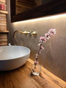 a vase with pink flowers in it on a bathroom counter at Il Glicine - Natural BnB in Castello di Godego