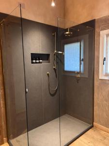 a shower with a glass door in a bathroom at Il Glicine - Natural BnB in Castello di Godego