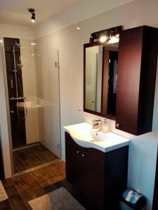 a bathroom with a sink and a mirror and a shower at Italia House in Fót +9 photos