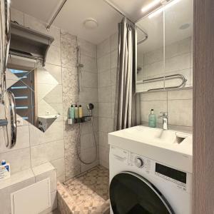 a bathroom with a washing machine and a sink at LIUxSAU apartmentai in Mažeikiai