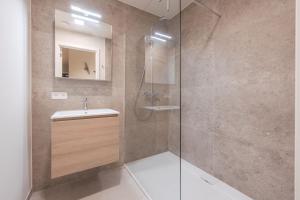 a bathroom with a shower and a sink at The Captainhouse in Nieuwpoort +7 photos