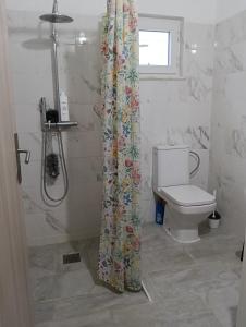 a bathroom with a shower curtain and a toilet at Estúdio ensolarado in Fernao Ferro