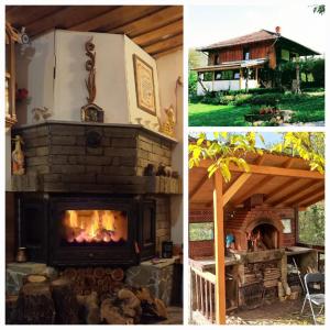 two pictures of a fireplace and a house at Мома Елена in Makhalnitsi