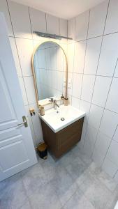 a bathroom with a sink and a mirror at Le Duplex du Pont in Auxerre