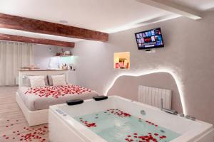 a bedroom with a tub with a bed and a television at Les Jolies Nuits - À la folie, Loft & Spa in Montrevault