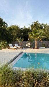 a swimming pool with two benches and a palm tree at Malath Farm in Al Rahba +1 photo
