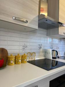 a kitchen with a counter top with a stove at Casetta al Belvedere - Lake View in Vercana