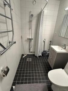 a bathroom with a shower and a sink and a toilet at Noah Longstay Bygatan in Västerås +22 photos