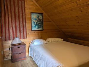 a bedroom with a bed in a wooden cabin at Chalé 24 in Penhas da Saúde
