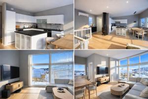 a collage of photos of a living room and kitchen at Nordic Comfort Suite with Hot Tub in Storeidet